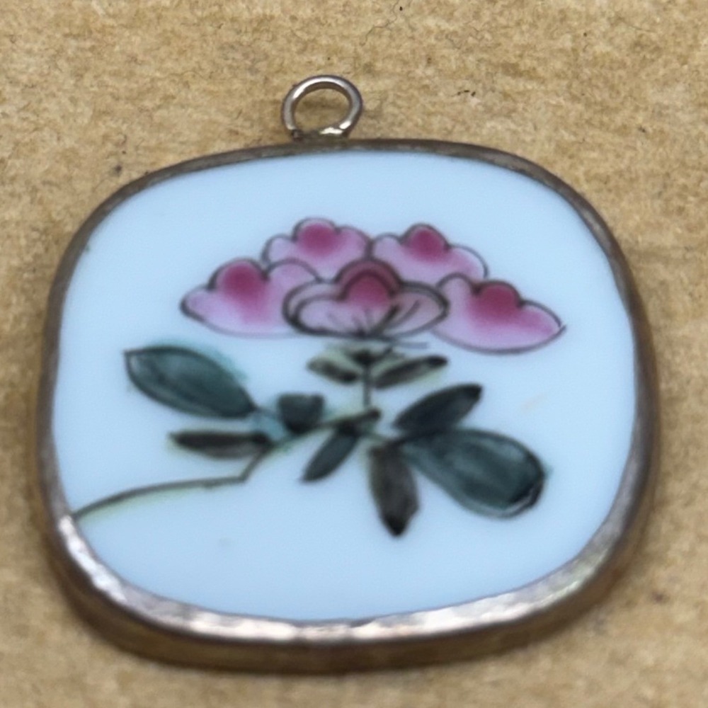 Vintage Hand Painted Porcelain Floral Pendant Pink Flower Silver Frame Enamel